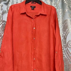 Vibrant Orange SZXL Jones & Co 100% Linen ButtonUp Shirt Blouse Roll Tab Sleeves